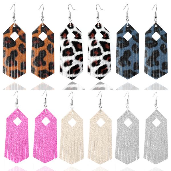 

2020 новый ромб leopard кожа pu мотаться серьги для женщин девушки моды геометрическая кисточкой крюк серьги подарка ювелирных изделий оптов, Silver