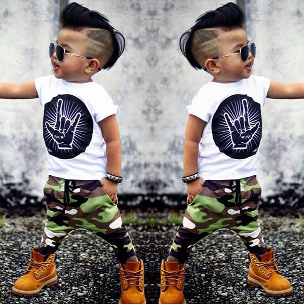 

summer baby clothing set short t-shirt camouflage pants, White