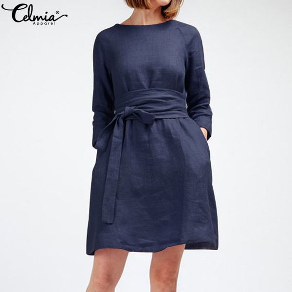 

celmia summer women long shirt dress with belt vintage linen loose pockets mini vestidos mujer 2019 plus size sundress tunic top, Black;gray