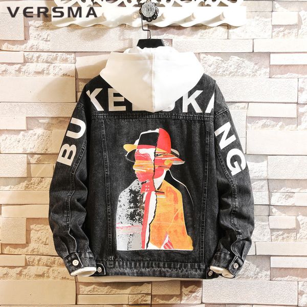 

versma korean harajuku vintage pattern print jean jacket men denim jackets hip hop streetwear retro black biker denim jacket men, Black;brown