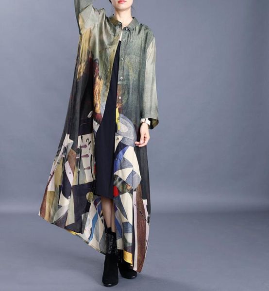 

fashion print casual cardigan long coat 2020 new chinese national style retro collar single breasted women irregular slim trench, Tan;black