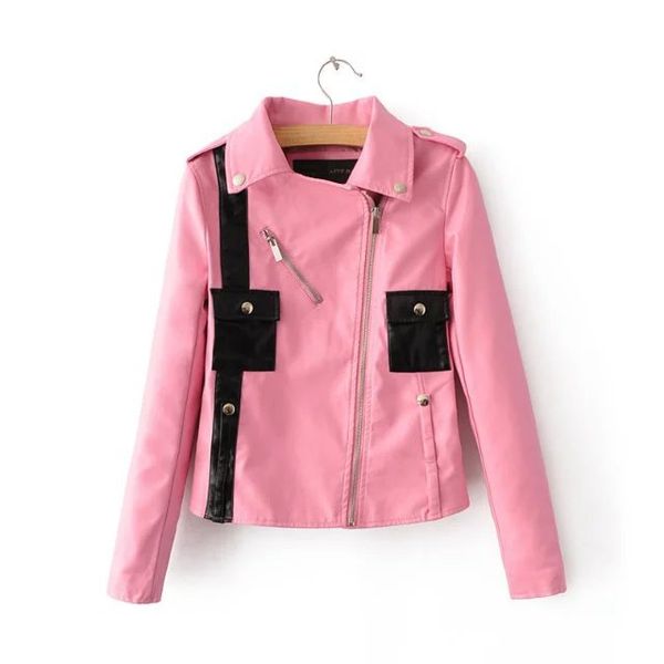 

women faux leather coat pink pu slim jacket, Black