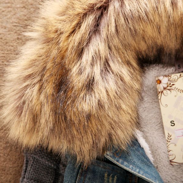 

winter jeans coat outwear fur fleece short denim jacket long sleeve slim women warm fur collar outerwear coat for couple, White