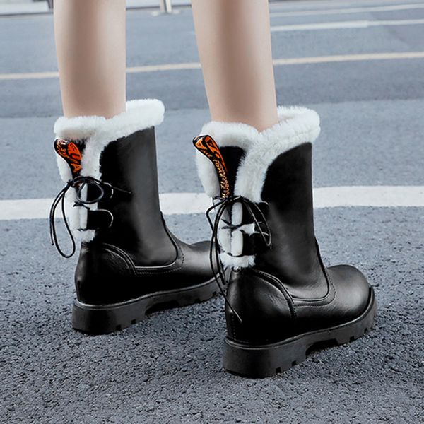 

leather mid-calf boots with plush inside fashion pure color round toe lace-up booties flat heels vintage women shoes winter, Black