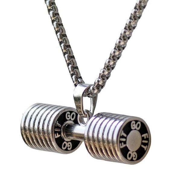 

stainless steel dumbbell necklaces pendants men fitness barbell crossfit charm necklace men gym jewelry christmas gift, Silver