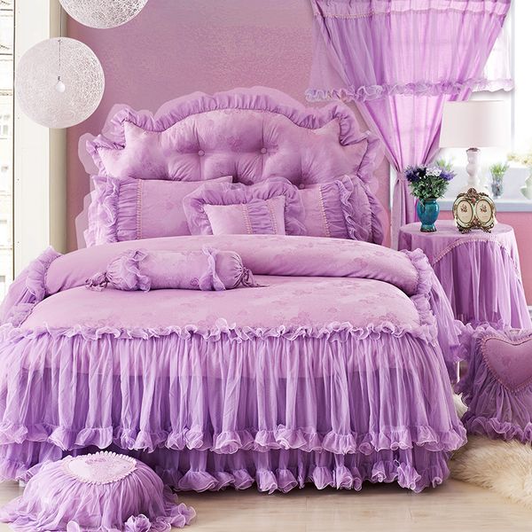 Purple Lace Princess Wedding Bedding Sets Bedspread Jacquard Satin