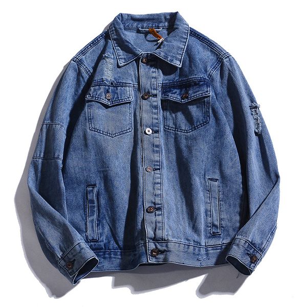 

fashion men's denim jacket pockets holes decoration spring autumn classic jeans jacket man motorcycle bomber coat male, Black;brown