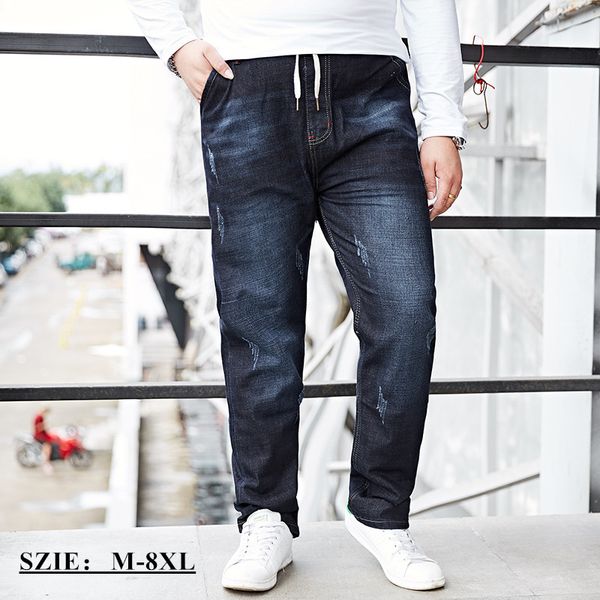 

men embroidery elastic waist casual straight jeans fashion cotton stretch man jeans denim pantstrousers plus size 6xl 8xl, Blue