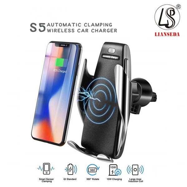 

s5 wireless car charger automatic clamping for iphone android air vent phone holder 360 degree rotation 10w fast charging with box