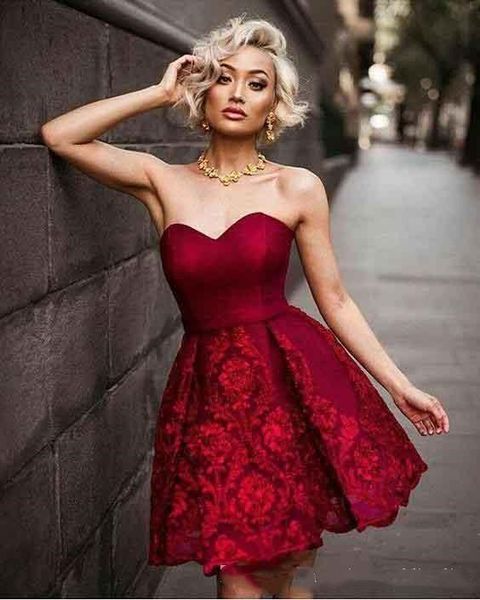 

burgundy mini short homecoming dresses a line sweetheart hand made flowers knee length cocktail prom evening gowns for women, Black;red