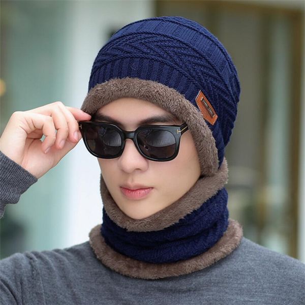 

winter men hat and scarf man warm knitted plush hat 2 peice set 2019 male beanies cap with ring scarves solid accessories, Blue;gray