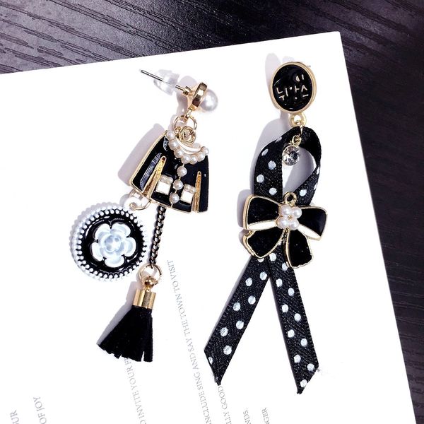 

asymmetric creative clothes dot bow earrings long tassel cc earrings chic net red fashion earrings, Golden