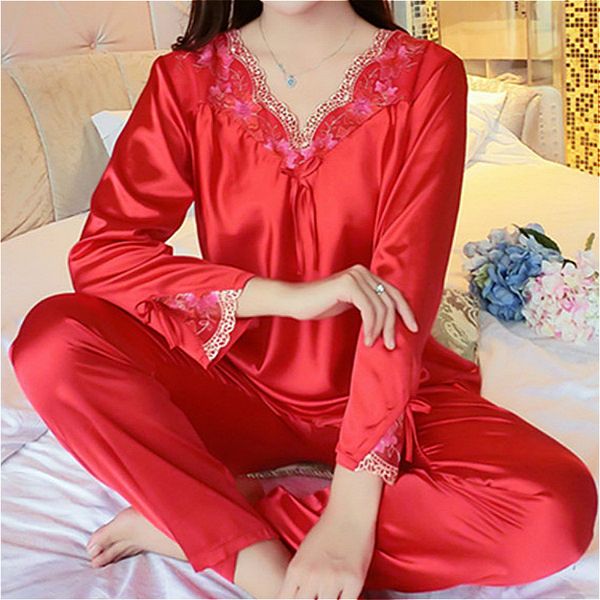 

autumn women ladies flower lace satin silk pajamas sets long sleeve +pants sleepwear mujer nightwear pyjama femme, Black;red