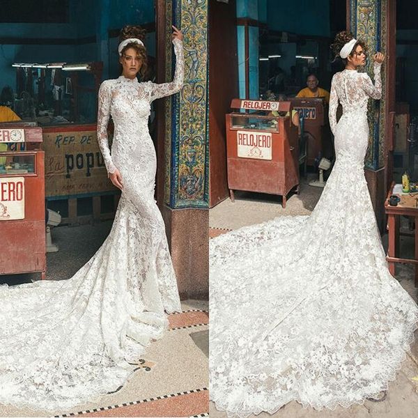 

2019 vintage berta full lace high collar wedding dresses with long sleeves covered buttons back court train 3d floral applique bridal dress, White