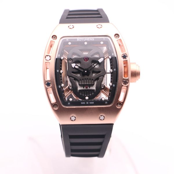 

domineering boyuheng baterry 43mm gold stainless steel case black skull skeleton dial mens watches transparent quartz movement wristwatches, Slivery;brown