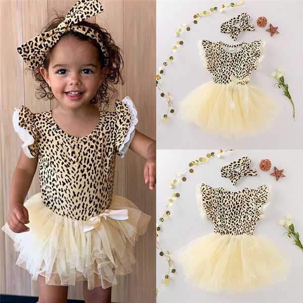 

summer toddler kid baby girls clothes leopard print bow princess dress headband outfits baby clothes set dropship, White