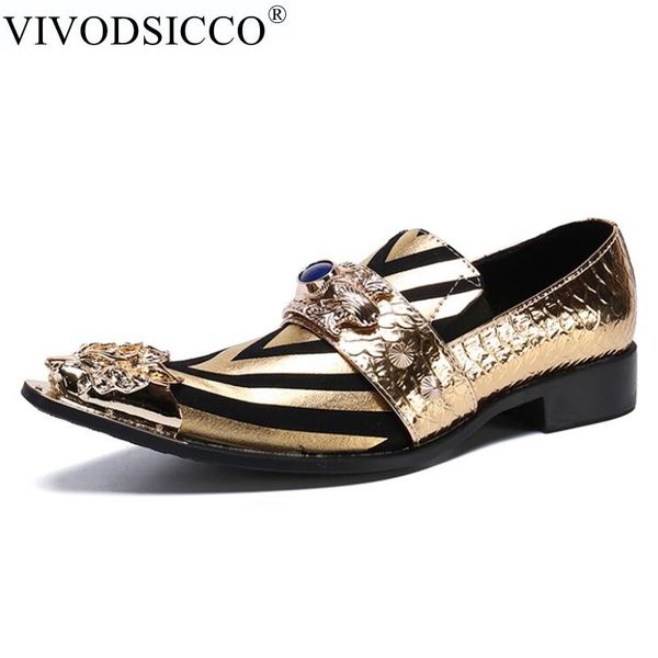 

vivodsicco classic genuine leather metal tip slippers flats banquet wedding mens dress shoes patent leather printing shoe, Black