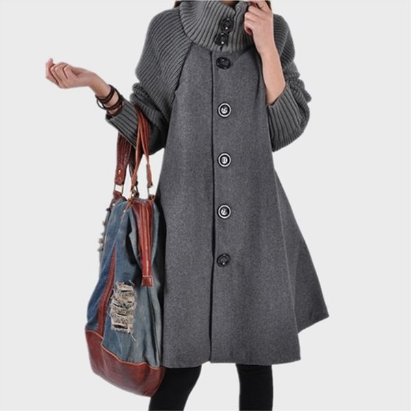 

vintage loose women long cashmer coat turtleneck single breasted women's woolen jacket solid coat and jacket, Black