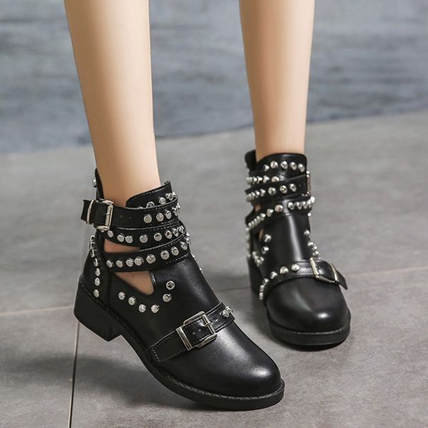 

sagace women fashion rivets belt buckle ankle booties straps thick heel black leather ankle ladies boots student decorated boots