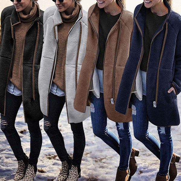 

зимняя мода высокий воротник цвет соответствия длинное пальто карман на молнии плюшевые кардиган женская четырехцветный взрыв, Black