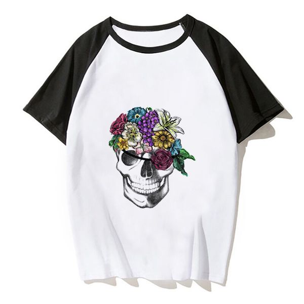 

floral pirate skull printed harajuku shirt women men summer t shirt casual funny fashion plus size, White;black