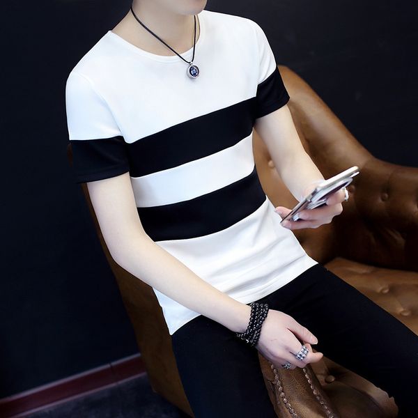 

men's t-shirts 0022 male summer short sleeve t-shirt crew neck korean-style slim fit simple body blood t shirt stripes half youth, White;black