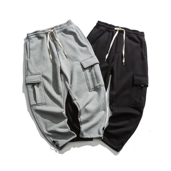 

winter new plus velvet thick pants men warm fashion solid color multi-pocket overalls man streetwear hip hop wild loose overalls, Black