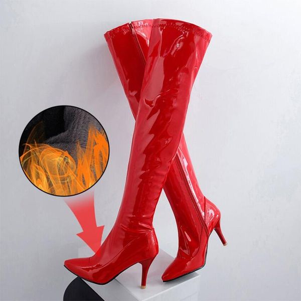 

plus size 34-48 party shoes woman over the knee boots girls dress high-heel women boots bright patent leather long, Black
