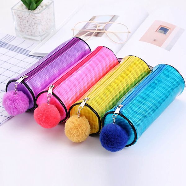 

1pcs cylinder with hair ball pencil case super shiny pu laser pencils bags stationery pouch office school supplies