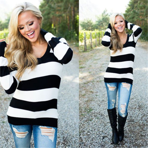 

2018 новая футболка женщины тонкий fit с длинным рукавом повседневные футболки crew neck верхняя одежда мода полосатый basic top, White