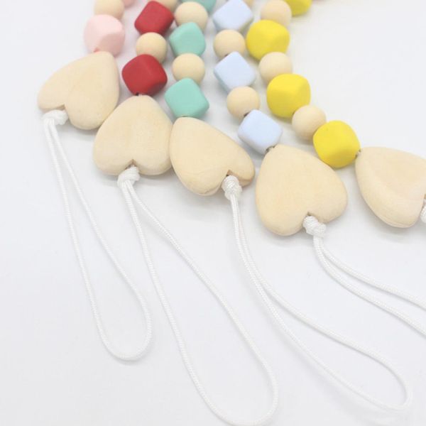 

silicone teething pacifier clips wooden beads heart shaped pacifier chain holder for nipples baby chew toys