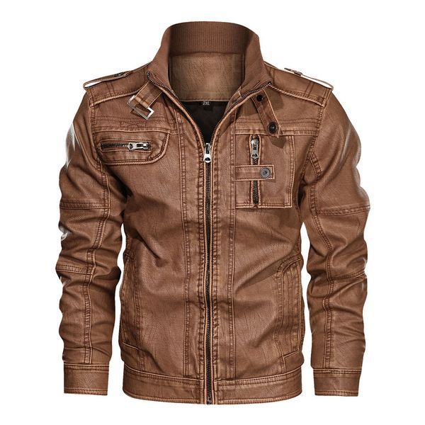 

men's fashion solid jacket pure color coffee zipper stand collar jackets imitation windproof and waterproof leather coat, Black;brown