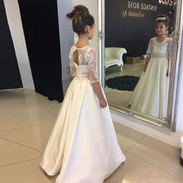 

new arrival 2019 lovely flower girls dresses jewel neck 3/4 long sleeves lace kids pageant dresses girls birthday party gowns, White;blue
