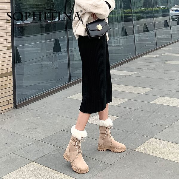 

sophitina snow boots comfortable genuine leather very warm round toe lace-up solid shoes ankle women's boots po314, Black