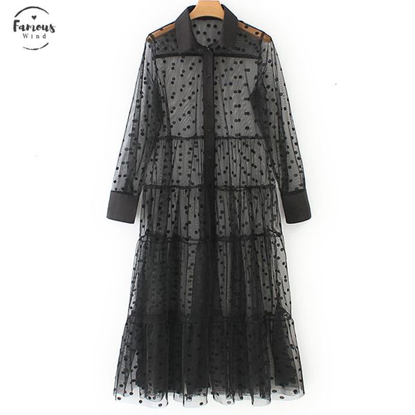 

fashion 2019 women polka dot tulle semi sheer female turn down collar long sleeve a line long dress summer plus size, Black;gray