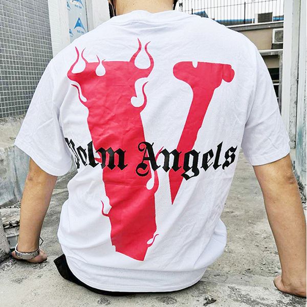 

19SS VLONE x Футболка Palm Angels Miami POP Футболка с ограниченным пламенем Летняя повседневная дышащая хип-хоп уличная футболка для скейтборда HFYMTX427