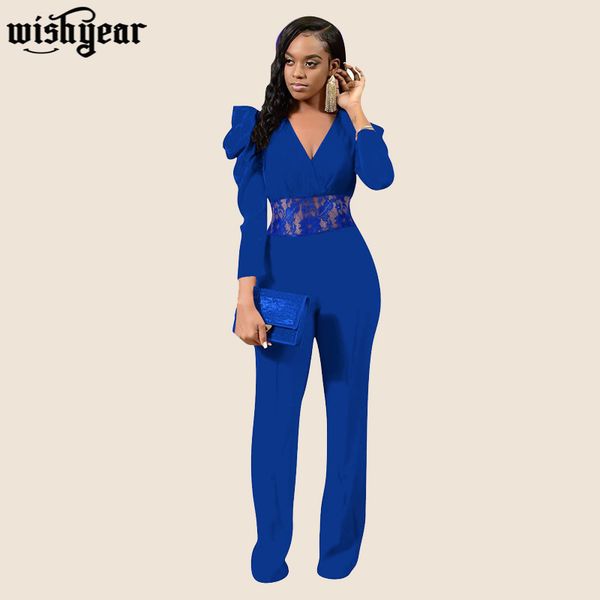 

lace hollow out waist patchwork women jumpsuit wrap v neck puff long sleeve loose romper wide leg pants overalls, Black;white