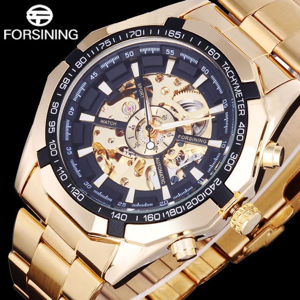 

forsining brand men automatic watch luxury skeleton mechanical watches men's gold stainless steel clock relogios masculino c19011001, Slivery;brown