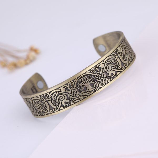 

skyrim vintage tree of life ravens birds cuff bracelets magnetic health open viking amulet bangles for men nordic myth jewelry, Black