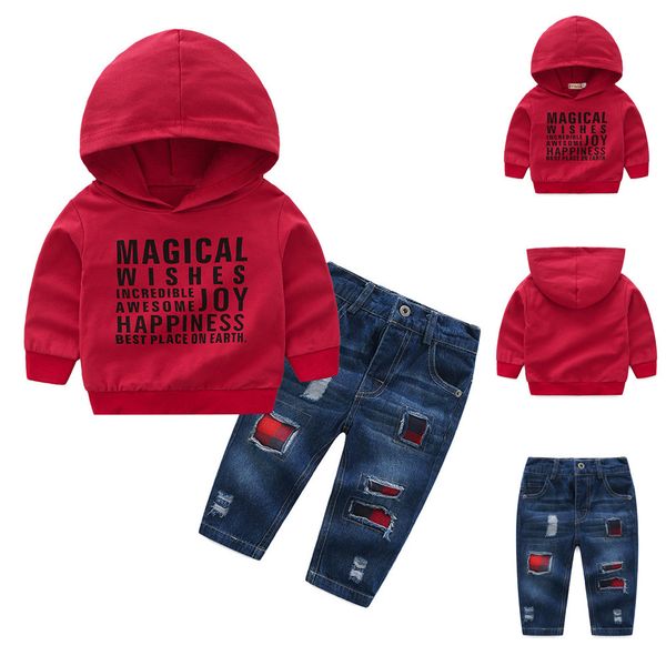 

baby clothes set infant baby boys girls letter print hooded pullover denim pants outfits set kids shirts, White