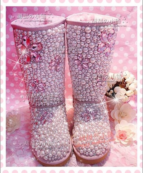 

pink princess leather pearl full diamond rhinestone gem snow boots, Black