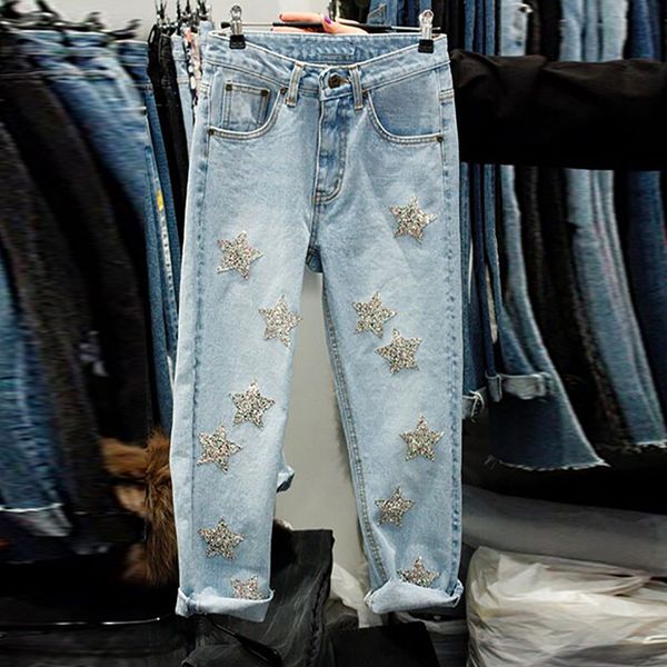 

jeans for women plus size high waist star flash bright sheet casual jeans women's wear thin straight pants, Blue