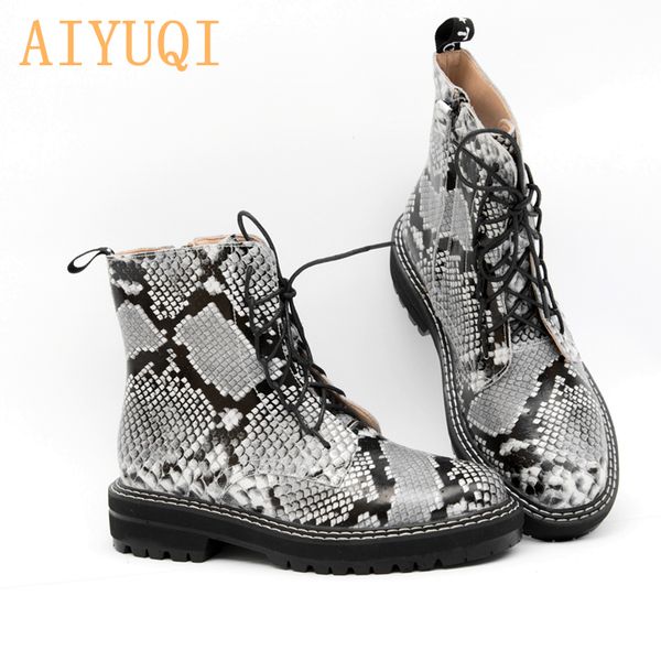 

aiyuqi women's boots 2020 spring new genuine leather ladies ankle boots snake mosquito fashion lace women's short, Black