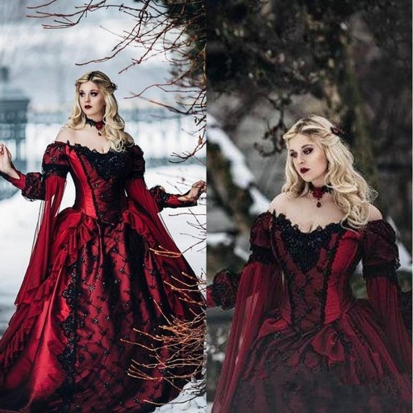 Burgund Gothic Dornröschen Prinzessin Mittelalterliche Abendkleider Langarm Spitze Applikationen Abendkleid Viktorianische Maskerade Cosplay