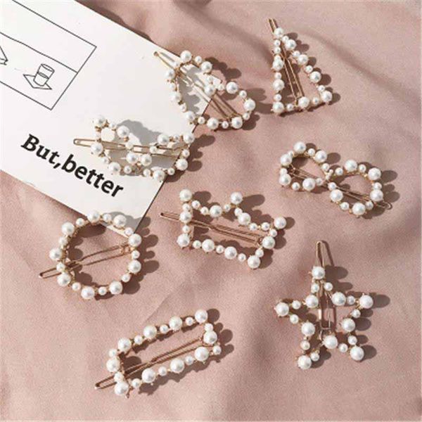 

new fashion gold metal triangle round pearl hair clip for women girls handmade inmitate pearl hair barrettes mix styles nr, Slivery;white