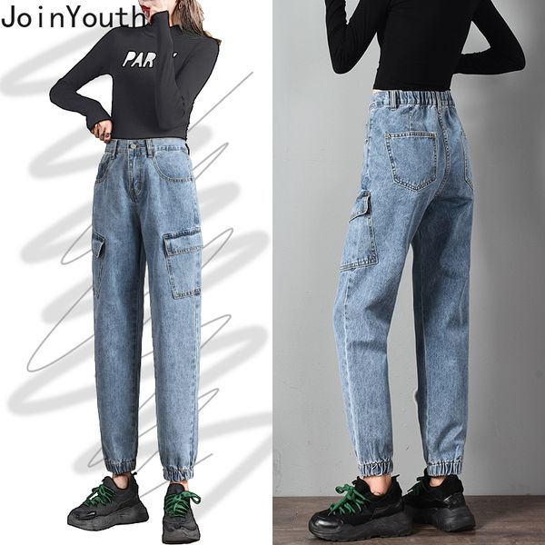 

joinyouth autumn solid jeans women elastic waist 2019 fashion vintage mom jeans streetwear s-2xl korean high waist j148, Blue
