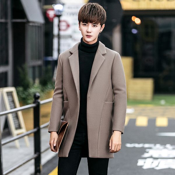 

casual korean style men cashmer coat solid single button men's woolen jacket pockets turn down collar coat and jacket, Black