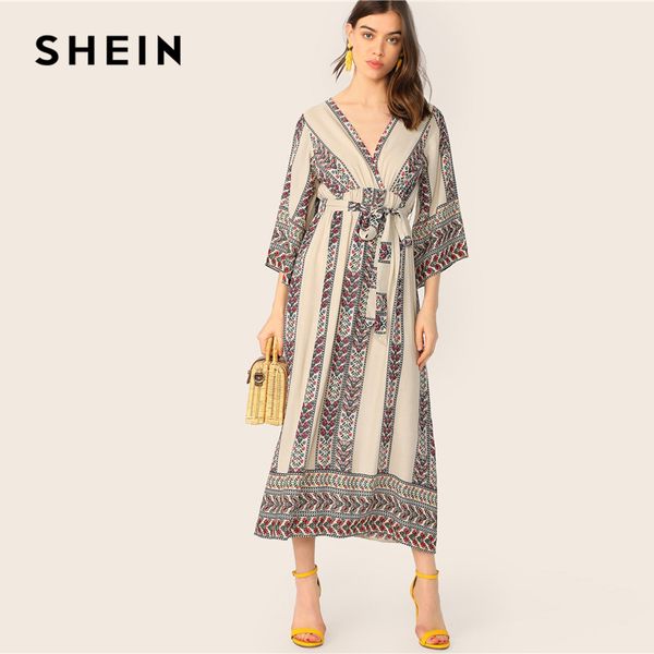 

shein bell sleeve wrap ditsy floral belted dress 2019 spring autumn tribal high waist v neck dress women boho dresses, Black;gray