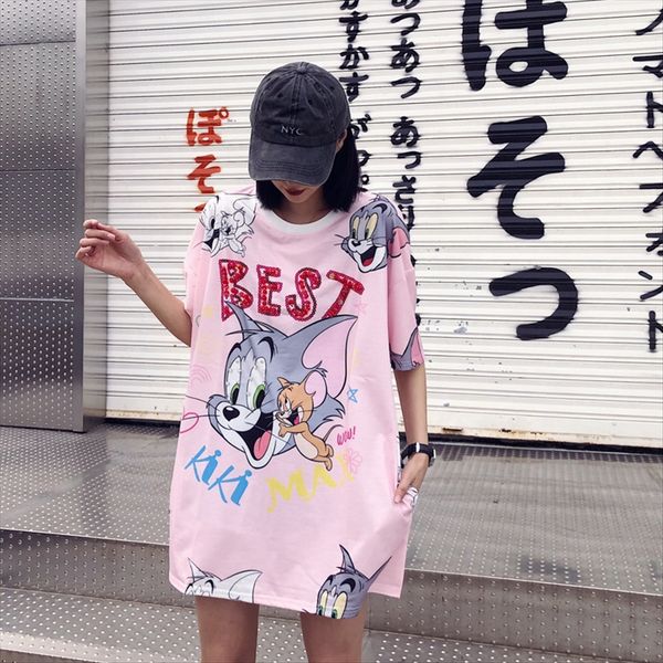 

футболка крупногабаритного таиланда мода с коротким рукавом мультфильма платье блестки печатных блесток midi всего-матчевое платье, White