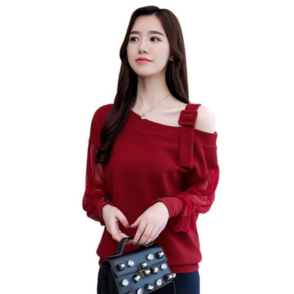 

women lace splicing blouse hollow out long sleeves shirt new autumn solid color blouse skew collar female, White